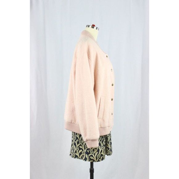 GANNI Inglewood Rose Smoke Pink Furry Wool Blend Varsity Bomber Jacket, Size L - Picture 4 of 15
